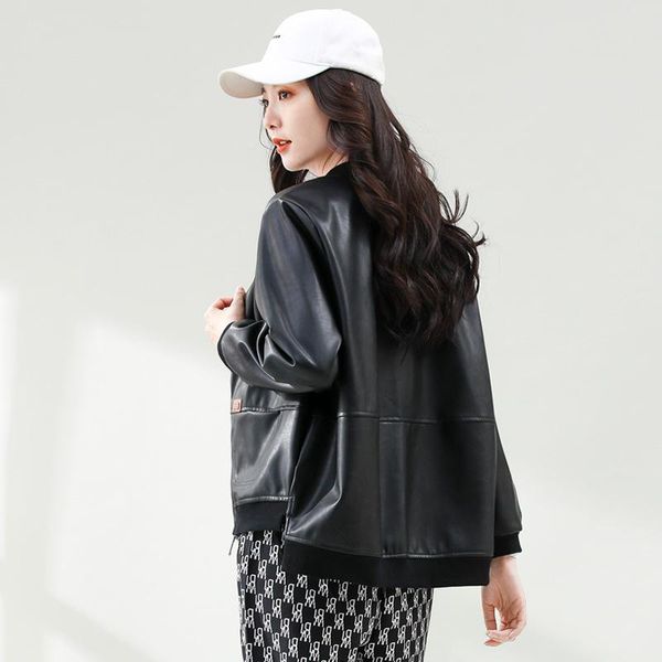 women's leather & faux autumn 2021 large pu coat solid color loose and thin zipper, Black
women's leather & faux autumn 2021 large pu coat solid color loose and thin zipper, Black