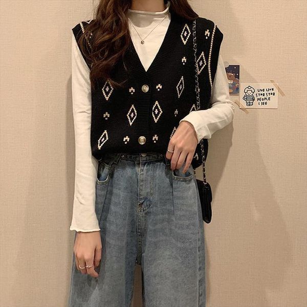 woman pull hiver knitted vest women sweater for autumn and winter loose pullover v neck femme chandails, White;black
woman pull hiver knitted vest women sweater for autumn and winter loose pullover v neck femme chandails, White;black
