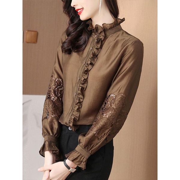 women's blouses & shirts elegant all match brown women shirt summer ruffles neck long-sleeved hollow out office lady outwear, White
women's blouses & shirts elegant all match brown women shirt summer ruffles neck long-sleeved hollow out office lady outwear, White