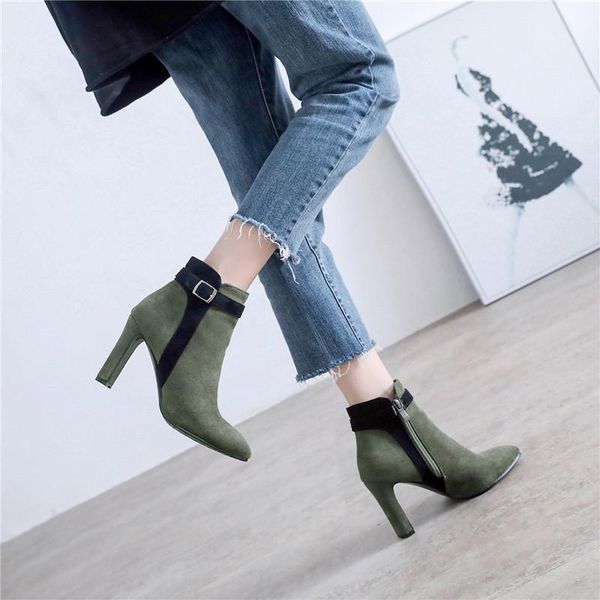 boots 2021 autumn patchwrok flock buckle strap design high heels ankle riding green black gray womens shoes plus size 43
boots 2021 autumn patchwrok flock buckle strap design high heels ankle riding green black gray womens shoes plus size 43