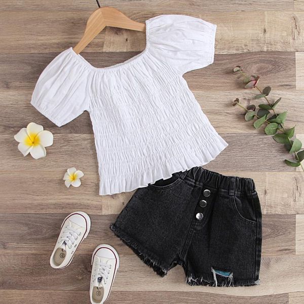 clothing sets 2021 summer girls solid color ruffled ripped denim shorts kids suit, White
clothing sets 2021 summer girls solid color ruffled ripped denim shorts kids suit, White