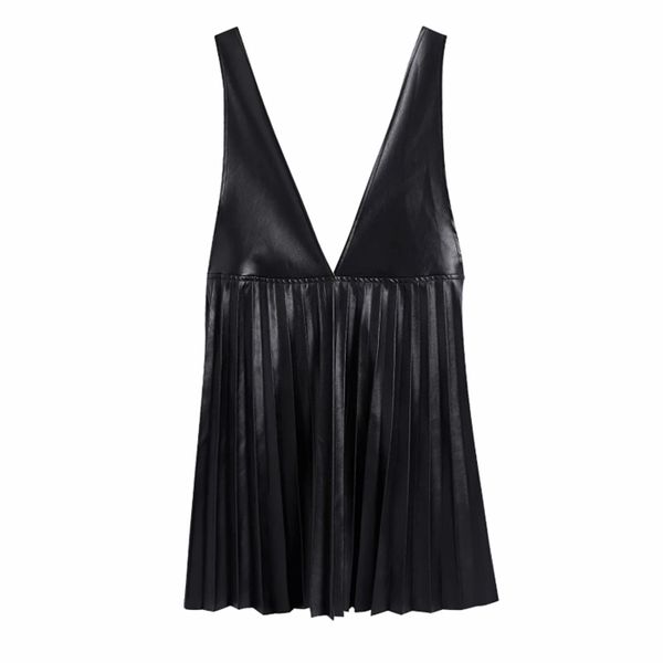 women pu leather deep v neck pressed pleat splicing mini dress female sleeveless clothes casual lady loose vestido d6967, Black;gray
women pu leather deep v neck pressed pleat splicing mini dress female sleeveless clothes casual lady loose vestido d6967, Black;gray