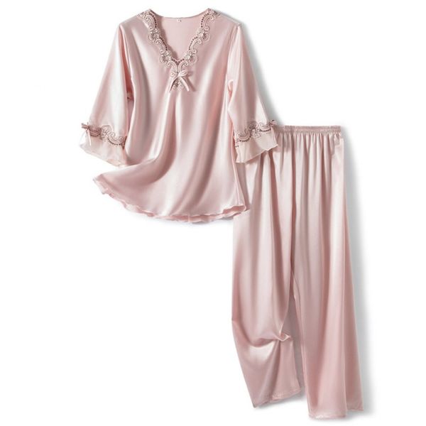 women's two piece pants ladies autumn pajamas women satin silk pajama sleepwear nightwear home clothes, White
women's two piece pants ladies autumn pajamas women satin silk pajama sleepwear nightwear home clothes, White