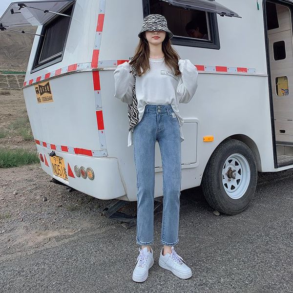 women's jeans autumn fashion high waist double buckle elastic straight women's cotton hem slit loose all-match ankle-length pants, Blue
women's jeans autumn fashion high waist double buckle elastic straight women's cotton hem slit loose all-match ankle-length pants, Blue