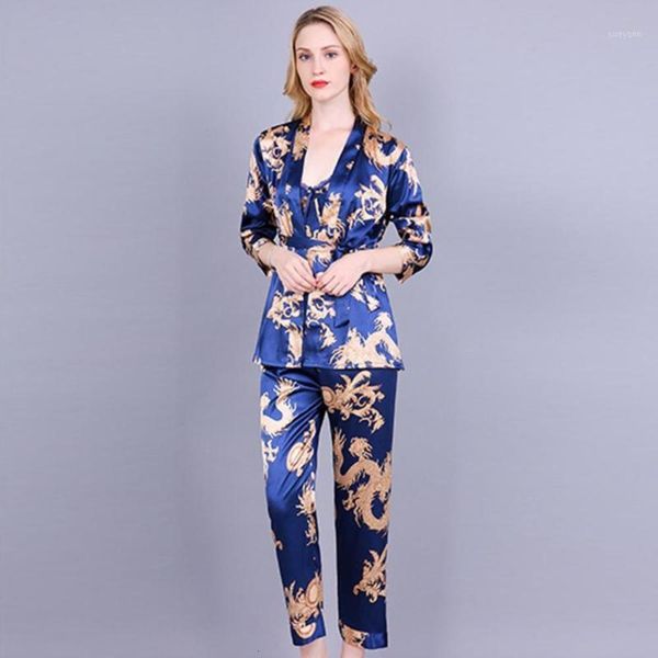 women's sleepwear 3 piece printing dragon pajama set silk night wear pijama suit bathrobe women lingerie pyjama bride satin kimono robe, Black;red