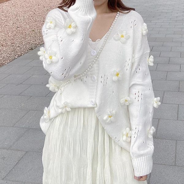 women's knits & tees korea fashion sueters de mujer sweet fresh v neck long sleeve 3d flower knitted cardigan hollow out white sweater