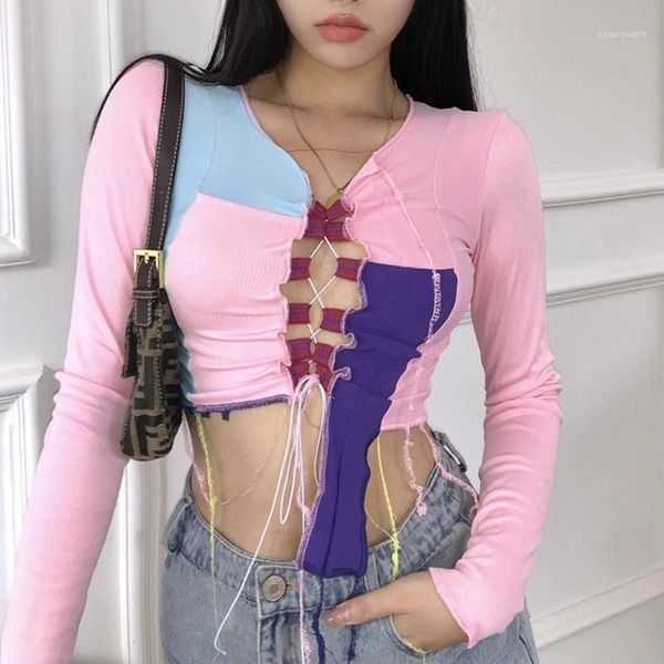 women's t-shirt cute women hollow out pink cropped shirt long sleeve patchwork bandage irregular shirts reverse line short t autumn, White
women's t-shirt cute women hollow out pink cropped shirt long sleeve patchwork bandage irregular shirts reverse line short t autumn, White