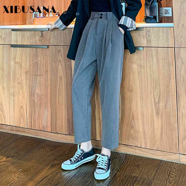 autumn high waist botton women's suit pants casual solid loose slim harem straight ankle length female 210423, Black;white 
autumn high waist botton women's suit pants casual solid loose slim harem straight ankle length female 210423, Black;white