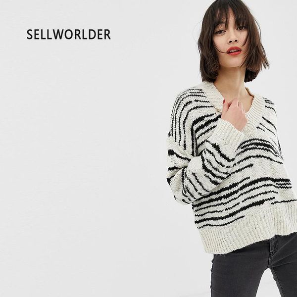women's sweaters arrivals 2021 casual v-neck loose long sleeve autumn sweates simple fashion ladies striped knitting pullovers, White;black
women's sweaters arrivals 2021 casual v-neck loose long sleeve autumn sweates simple fashion ladies striped knitting pullovers, White;black