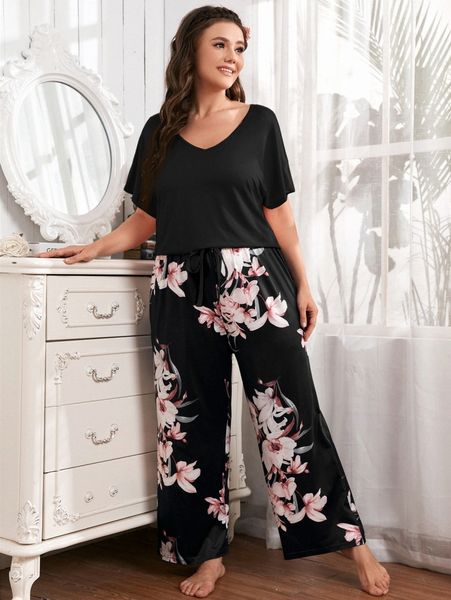 plus floral print pajama set m1ct#, Black;white
plus floral print pajama set m1ct#, Black;white