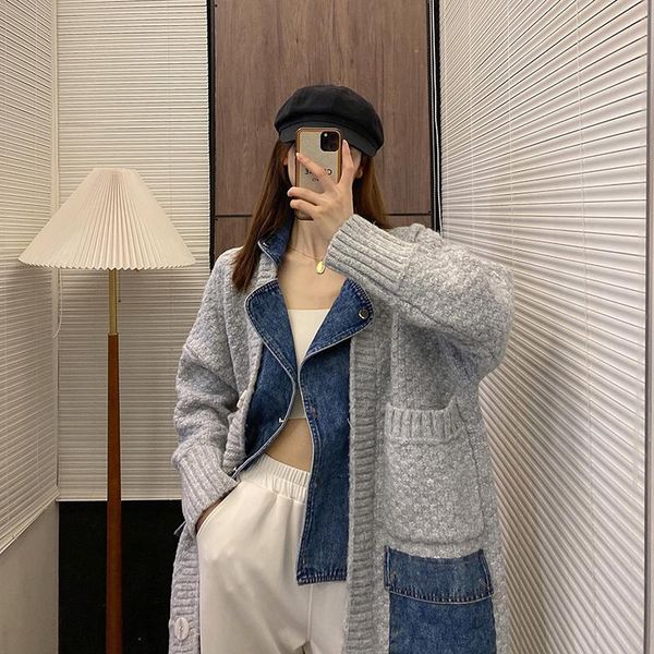 women's trench coats denim jacket women 2021 stitching sweater long loose autumn knitted cardigan and winter chic top, Tan;black
women's trench coats denim jacket women 2021 stitching sweater long loose autumn knitted cardigan and winter chic top, Tan;black