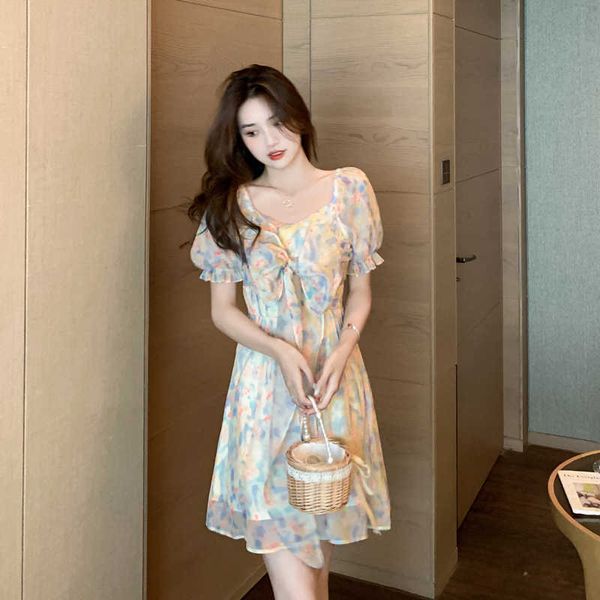 wind oil gentle painting dress women's summer bow, Black;gray 
wind oil gentle painting dress women's summer bow, Black;gray