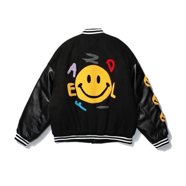 smiling face embroidered pu leather sleeve splicing jacket men's ins american hip hop trend loose stand collar baseball jacket, Black
smiling face embroidered pu leather sleeve splicing jacket men's ins american hip hop trend loose stand collar baseball jacket, Black