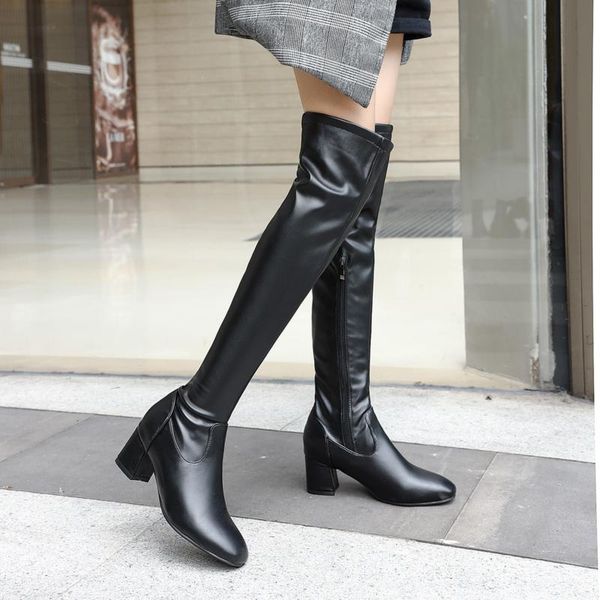 boots thigh high women heels over-the-knee round toe autumn winter fetish shoes female big size, Black