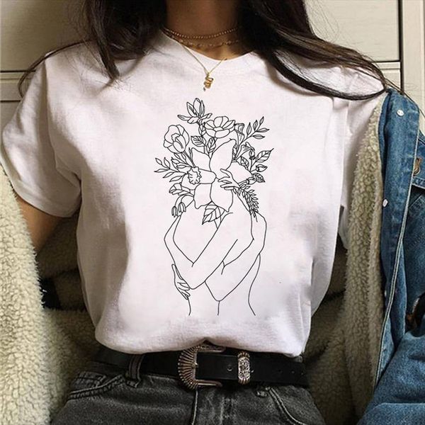 line art with flowers womens t shirts print summer vogue aesthetics tee casual beautiful, White
line art with flowers womens t shirts print summer vogue aesthetics tee casual beautiful, White