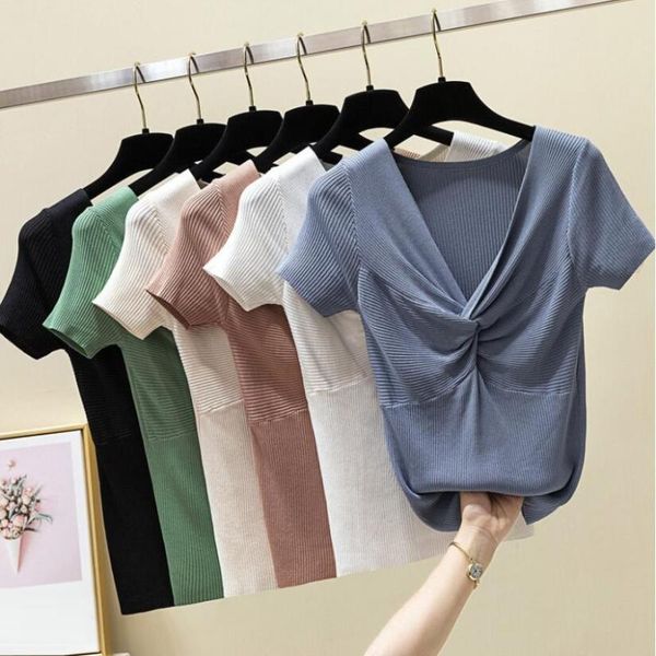 women's t-shirt 2021 summer knit v neck t shirt women short sleeve cross design tshirt female tee clothes jw9393, White
women's t-shirt 2021 summer knit v neck t shirt women short sleeve cross design tshirt female tee clothes jw9393, White