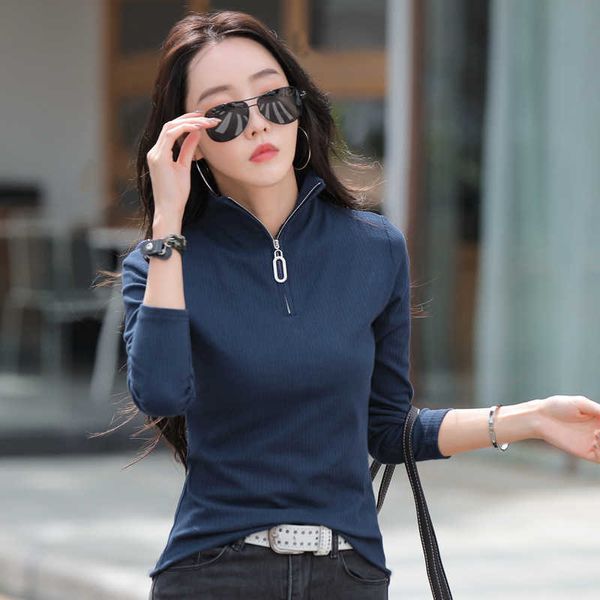 21 autumn women's new semi high neck slim fit zipper solid color long sleeve t-shirt women's pit strip cotton elastic top, Tan;black
21 autumn women's new semi high neck slim fit zipper solid color long sleeve t-shirt women's pit strip cotton elastic top, Tan;black