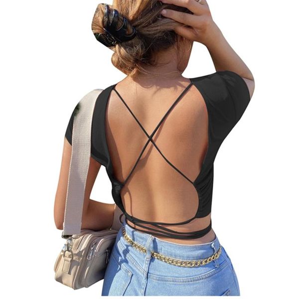 women's t-shirt summer solid color backless bandage women short sleeve lace up hollow out slim skinny club holiday casual crop, White
women's t-shirt summer solid color backless bandage women short sleeve lace up hollow out slim skinny club holiday casual crop, White
