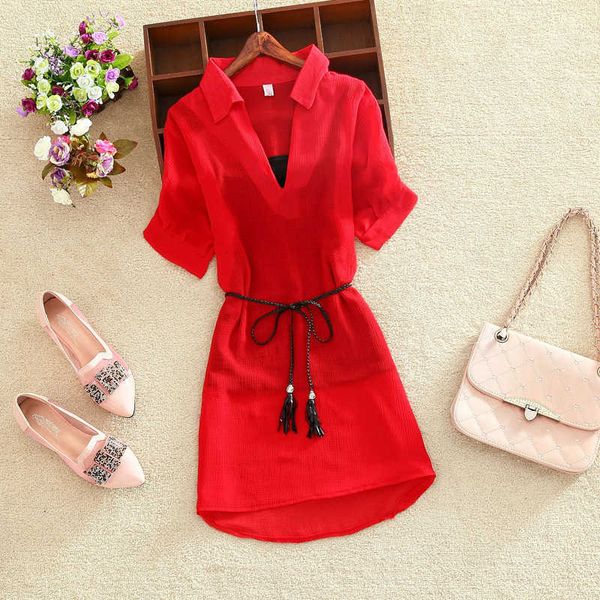 women's blouses & shirts chiffon blouse summer mid-length v-neck short-sleeved shirt+black sling two piece set fashion slim red 146 z6, White
women's blouses & shirts chiffon blouse summer mid-length v-neck short-sleeved shirt+black sling two piece set fashion slim red 146 z6, White
