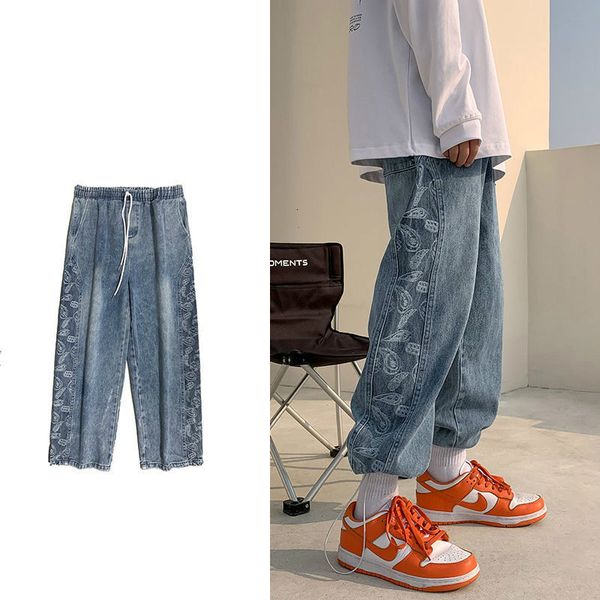 men's jeans baggy homme cargo pocket printing blue color casual pants waist drawstring biker denim loose trousers -2xl bmix
men's jeans baggy homme cargo pocket printing blue color casual pants waist drawstring biker denim loose trousers -2xl bmix