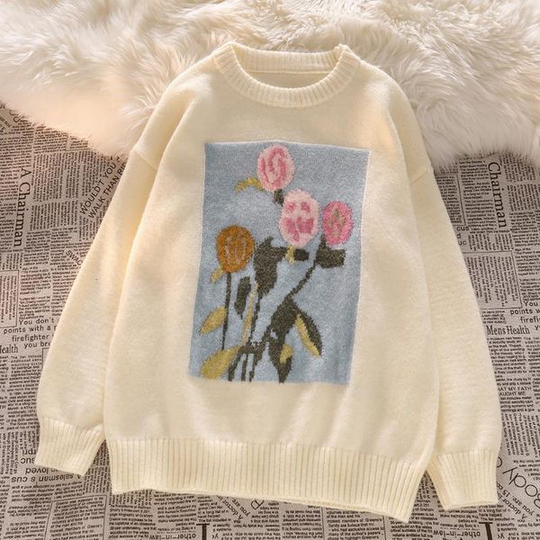 women's sweaters vintage japanese jacquard pullover sweater women 2021 autumn winter embroidery casual loose warm soft knitted slim jum, White;black
women's sweaters vintage japanese jacquard pullover sweater women 2021 autumn winter embroidery casual loose warm soft knitted slim jum, White;black