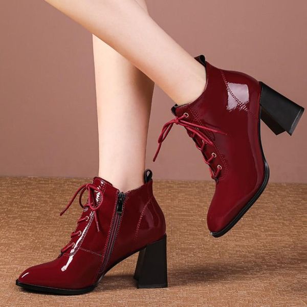 boots 2021 women ankle round toe patent leather square high heel booties lace up winter big size 33-43, Black
boots 2021 women ankle round toe patent leather square high heel booties lace up winter big size 33-43, Black