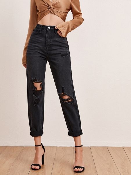 high waist straight leg ripped jeans 688c#, Blue