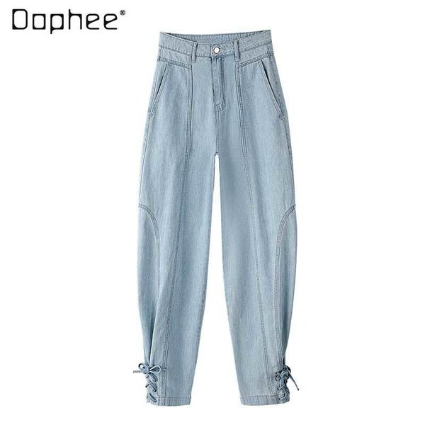 spring and autumn lace-up jeans women's high waist loose-fit tappered trousers wide leg harem pants, Blue
spring and autumn lace-up jeans women's high waist loose-fit tappered trousers wide leg harem pants, Blue