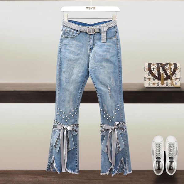 spring autumn jeans jacket heavy industry beaded bow high-waisted flared women's nine-split wide-leg pants, Blue
spring autumn jeans jacket heavy industry beaded bow high-waisted flared women's nine-split wide-leg pants, Blue