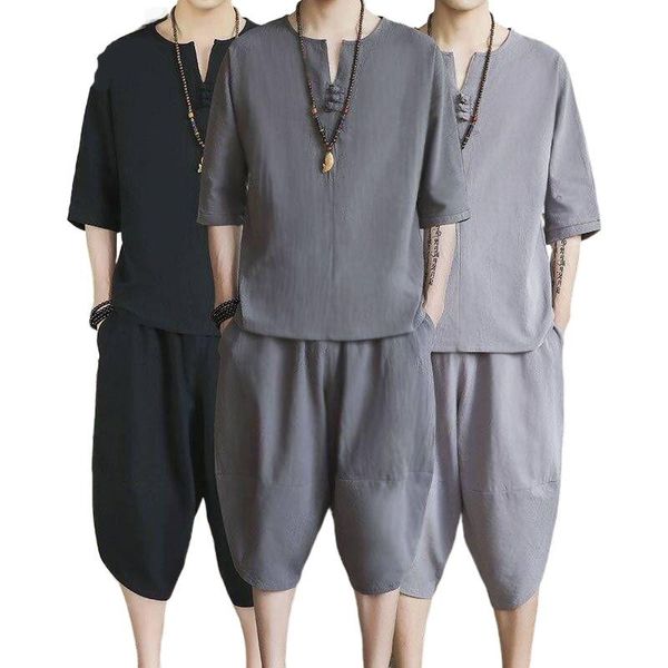men's tracksuits casual pants 2 piece set summer half-sleeve v-neck pullover with knee length tracksuit men loose shorts male romper, Gray
men's tracksuits casual pants 2 piece set summer half-sleeve v-neck pullover with knee length tracksuit men loose shorts male romper, Gray