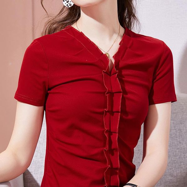 women's t-shirt ruffles shirt arrivals 2021 summer short sleeve solid color elegant slim plus size cotton cloth blusas, White
women's t-shirt ruffles shirt arrivals 2021 summer short sleeve solid color elegant slim plus size cotton cloth blusas, White