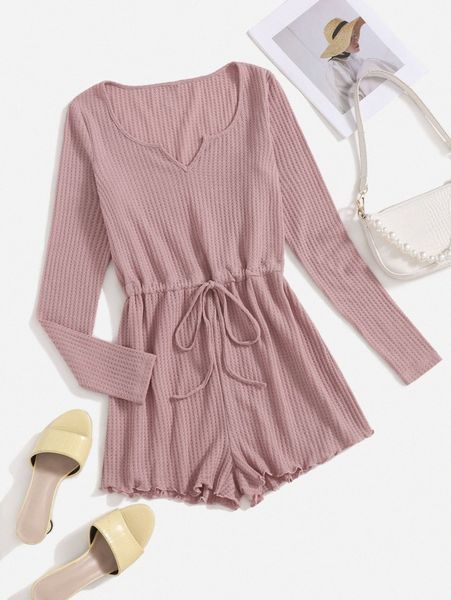 waffle knit notched neck lettuce trim drawstring waist romper x7ih#, White 
waffle knit notched neck lettuce trim drawstring waist romper x7ih#, White