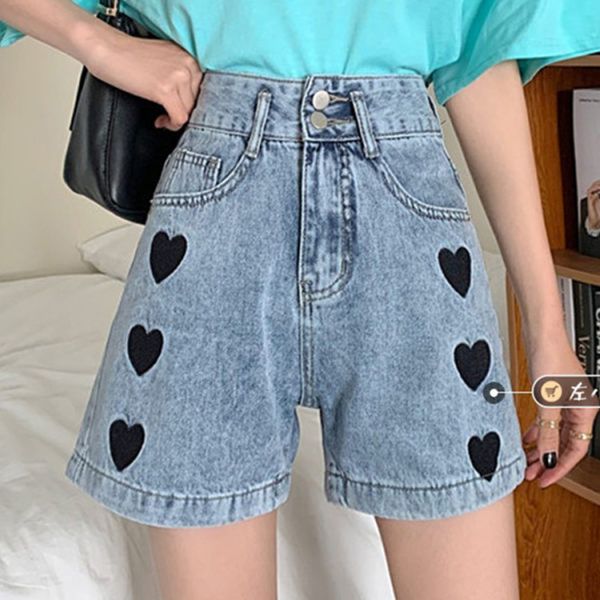 women's shorts love embroidery student denim summer korean new high waist slim straight wide leg pants, White;black
women's shorts love embroidery student denim summer korean new high waist slim straight wide leg pants, White;black