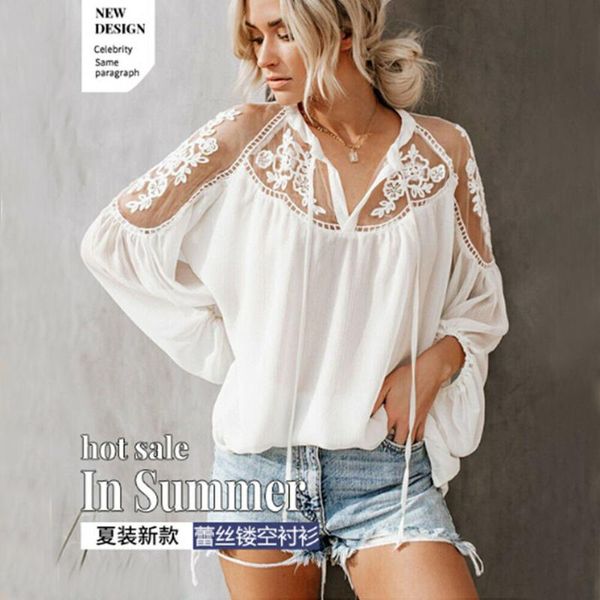 women's blouses & shirts women lace hollow plain blouse loose casual ladies v-neck long sleeve perspective shirt, White
women's blouses & shirts women lace hollow plain blouse loose casual ladies v-neck long sleeve perspective shirt, White