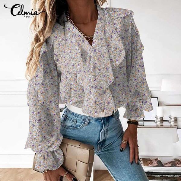 women's blouses & shirts celmia 2021 fashion ruffles women spring long flare sleeve v-neck casual buttons elegant floral print blusas, White
women's blouses & shirts celmia 2021 fashion ruffles women spring long flare sleeve v-neck casual buttons elegant floral print blusas, White