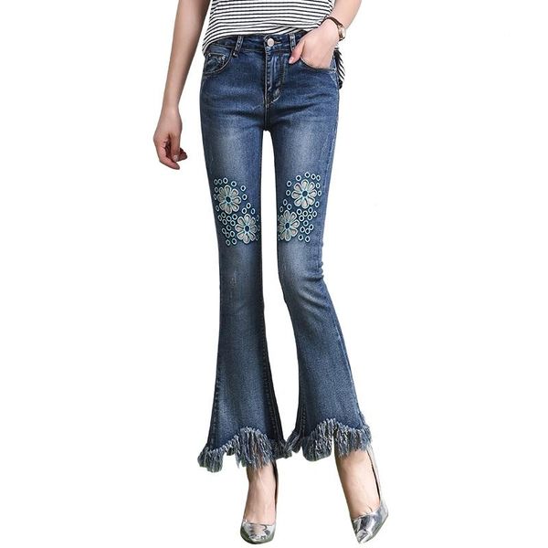 women's jeans horn tassel female 2021 spring and summer flower embroidery burrs hole high waist women denim pants, Blue
women's jeans horn tassel female 2021 spring and summer flower embroidery burrs hole high waist women denim pants, Blue