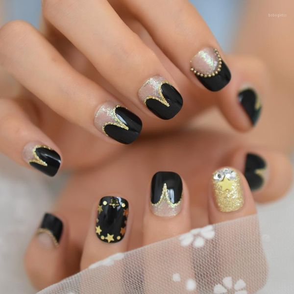 fashion short golden glitter black french false fake nail tips star chain uv gel press on ultra easy wear for home office wear1, Red;gold
fashion short golden glitter black french false fake nail tips star chain uv gel press on ultra easy wear for home office wear1, Red;gold