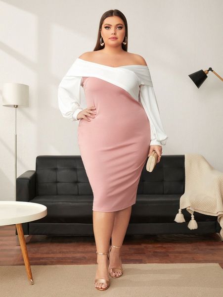 plus two tone off shoulder dress f642#, Black