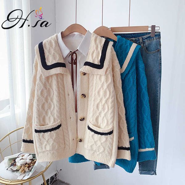 h.sa women casual sweater and cardigans navy collar button up knit sweater coat twisted sweaterr korean cute knit jacket 210716, White;black
h.sa women casual sweater and cardigans navy collar button up knit sweater coat twisted sweaterr korean cute knit jacket 210716, White;black