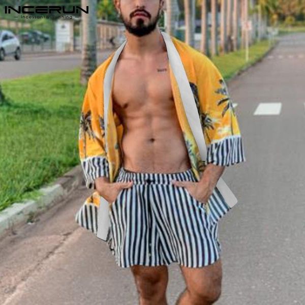 men's tracksuits incerun 2021 men sets print striped patchwork open stitch shirt beach shorts 2 pieces summer streetwear casual hawaiia, Gray
men's tracksuits incerun 2021 men sets print striped patchwork open stitch shirt beach shorts 2 pieces summer streetwear casual hawaiia, Gray