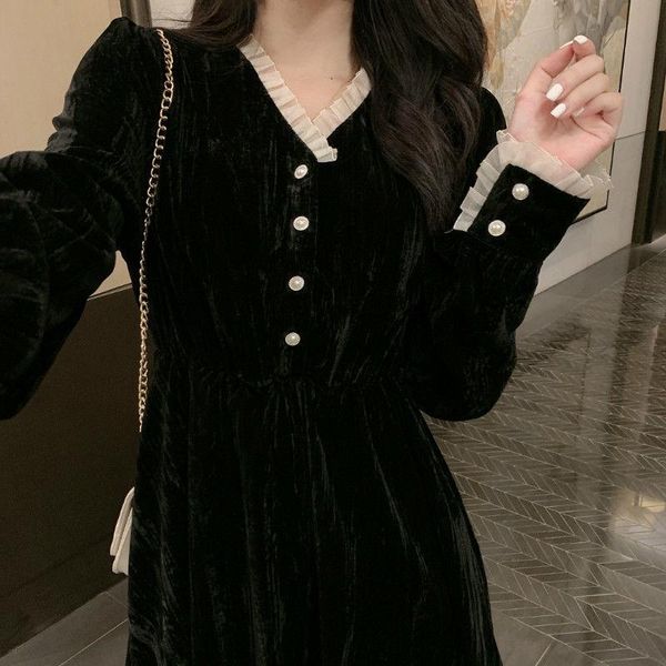 casual dresses elegant vintage dress women long sleeve solid black party female v-neck lace midi gothic autumn 2021 office lady, Black;gray
casual dresses elegant vintage dress women long sleeve solid black party female v-neck lace midi gothic autumn 2021 office lady, Black;gray