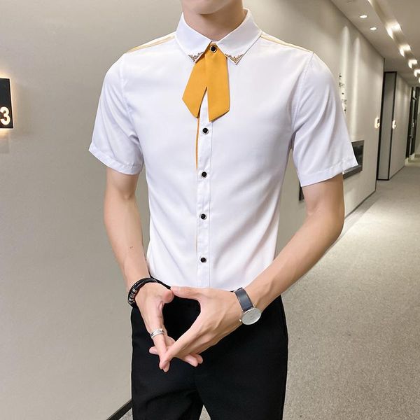 men's casual shirts british style plus size 5xl- summer short sleeve men clothing 2021 fashion removable tie slim fit blouse homme, White;black
men's casual shirts british style plus size 5xl- summer short sleeve men clothing 2021 fashion removable tie slim fit blouse homme, White;black