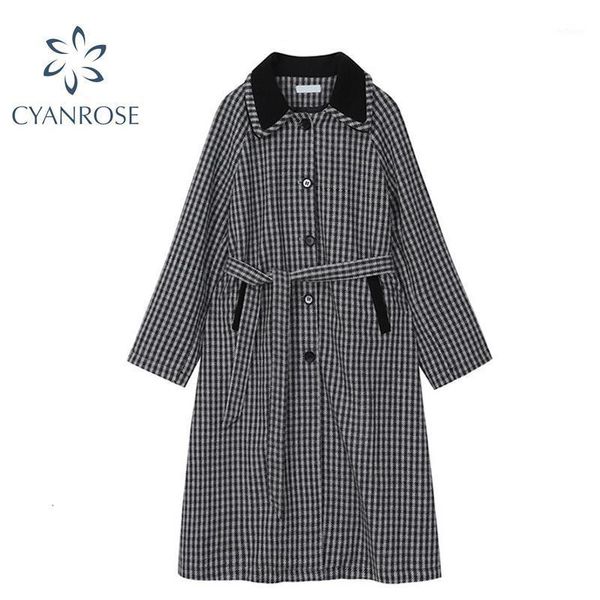women's wool & blends women vintage plaid woolen long coat with bandage lace up 2021 autumn winter slim jacket outwear female single br, Black 
women's wool & blends women vintage plaid woolen long coat with bandage lace up 2021 autumn winter slim jacket outwear female single br, Black