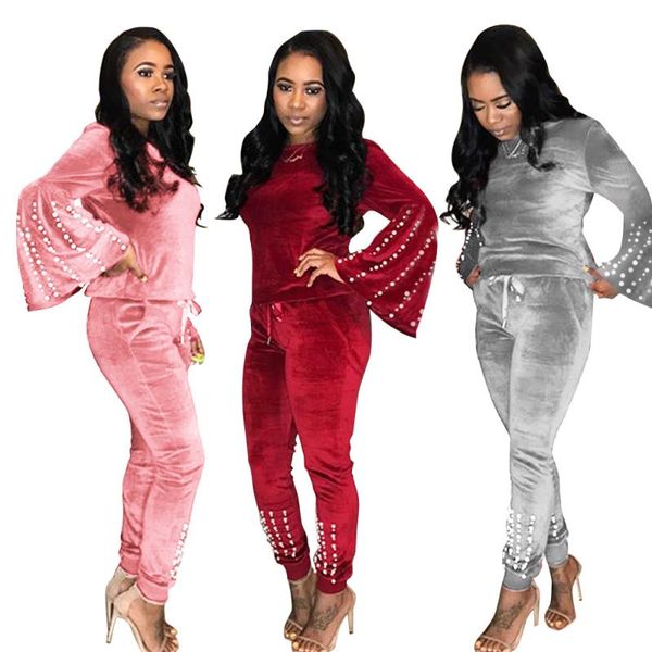 two piece dress the style sells well in europe and united states fashion pearl inlaid trumpet sleeve round collar pure color suit, White
two piece dress the style sells well in europe and united states fashion pearl inlaid trumpet sleeve round collar pure color suit, White