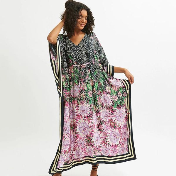 women's swimwear drawstring beach dress women flower pringting bikini cover up oversize v-neck kaftan tunics boho maxi swim suit, White;black
women's swimwear drawstring beach dress women flower pringting bikini cover up oversize v-neck kaftan tunics boho maxi swim suit, White;black