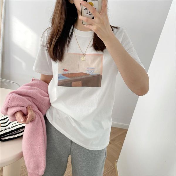 women's t-shirt 2021 summer colorful printing for women o-neck short sleeve minimalist female fashion clothing, White 
women's t-shirt 2021 summer colorful printing for women o-neck short sleeve minimalist female fashion clothing, White