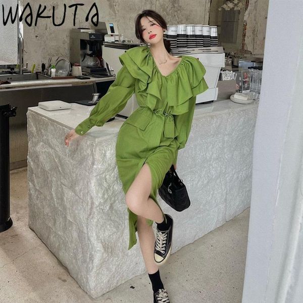 casual dresses wakuta double ruffles v neck drawstring slim waist green long women dress chic ladies elegant lantern sleeve bodycon, Black;gray
casual dresses wakuta double ruffles v neck drawstring slim waist green long women dress chic ladies elegant lantern sleeve bodycon, Black;gray
