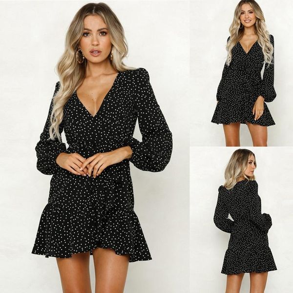 women polka dots print dress high ruffles sashes lace up long sleeve party casual dresses, Black;gray
women polka dots print dress high ruffles sashes lace up long sleeve party casual dresses, Black;gray
