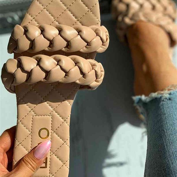 women summer trend slippers quality braided strap sewing plaid insole open toe outdoor slides beach sandals fashion ladies shoes 210619, Black