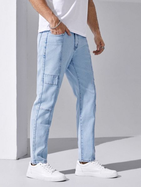 men slant pocket straight leg jeans 42ii#, Blue 
men slant pocket straight leg jeans 42ii#, Blue